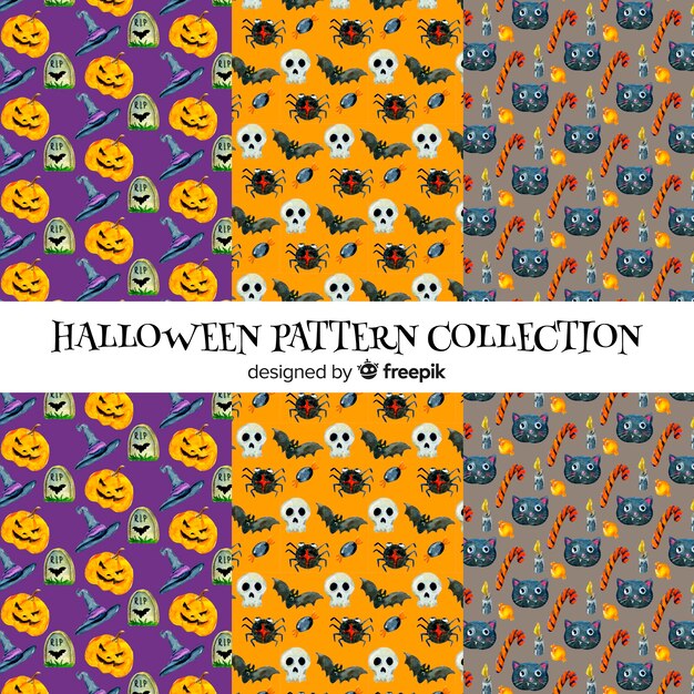 Colección colorida de patrones de halloween en acuarela
