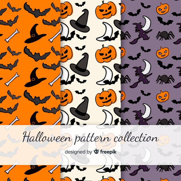 Colección colorida de patrones de halloween dibujados a mano
