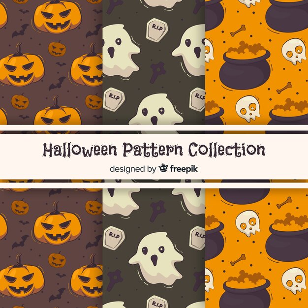 Colección colorida de patrones de halloween dibujados a mano