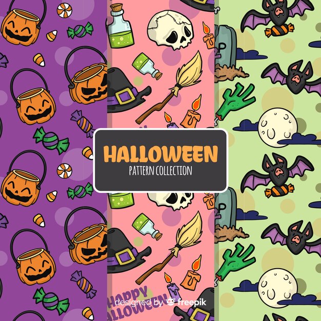 Colección colorida de patrones de halloween dibujados a mano