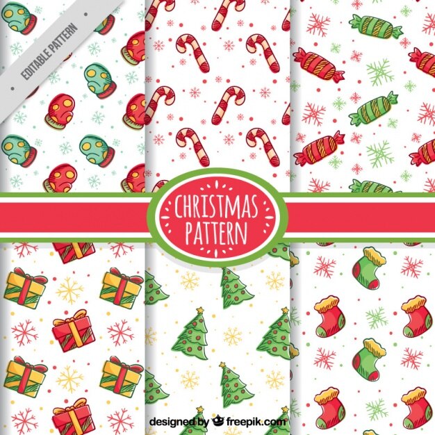 Colección colorida de patrones de navidad dibujados a mano