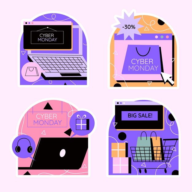 Colección colorida de pegatinas de cyber monday