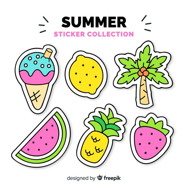Colección colorida de pegatinas de verano dibujadas a mano