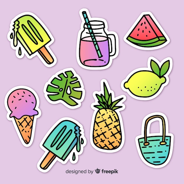 Colección colorida de pegatinas de verano dibujadas a mano