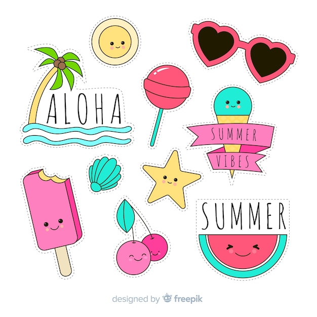Colección colorida de pegatinas de verano dibujadas a mano