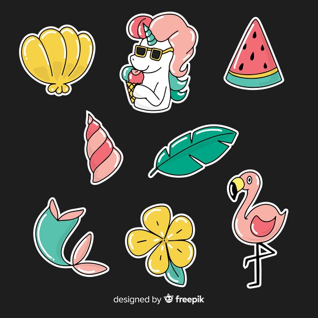 Colección colorida de pegatinas de verano dibujadas a mano