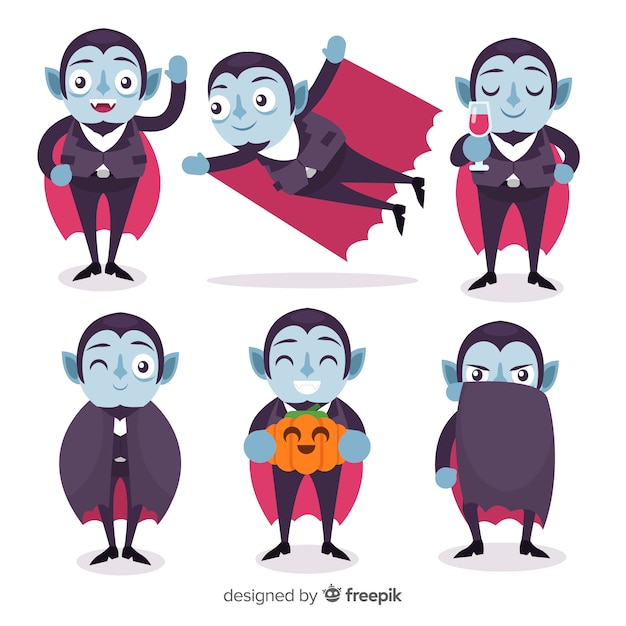 Vector gratuito colección colorida de personajes de vampiro con diseño plano