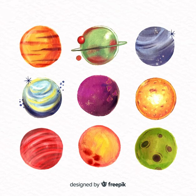 Colección colorida de planetas acuarelas