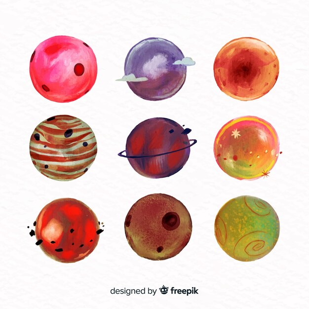 Colección colorida de planetas acuarelas