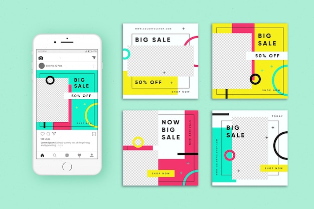 Vector gratuito colección colorida de publicaciones de instagram de ventas