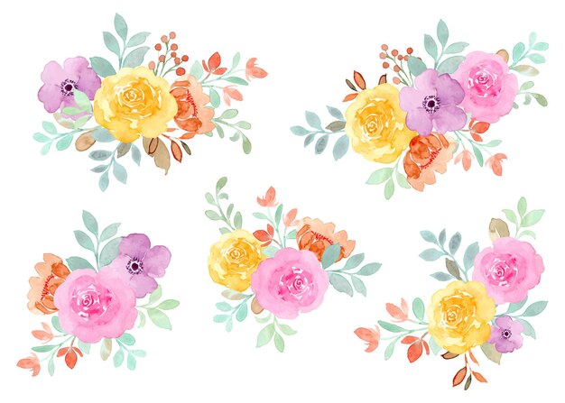 Colección colorida de ramo de flores rosas de acuarela