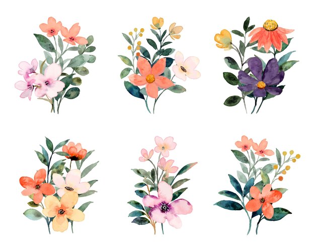 Colección colorida de ramos de flores silvestres con acuarela