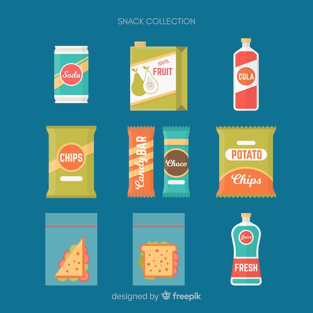 Colección colorida de snacks con diseño plano