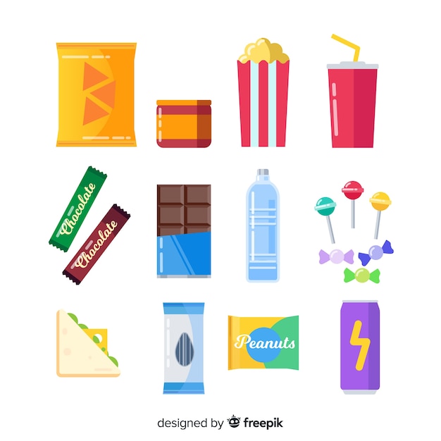 Colección colorida de snacks con diseño plano
