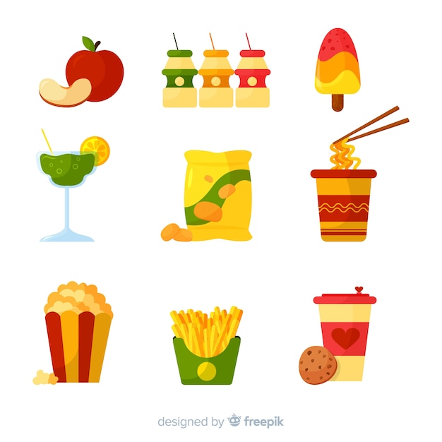 Vector gratuito colección colorida de snacks con diseño plano