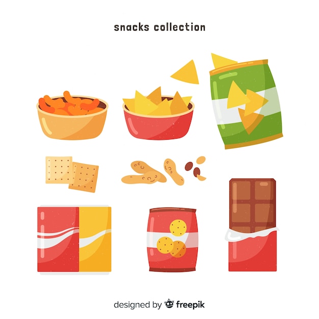 Colección colorida de snacks con diseño plano