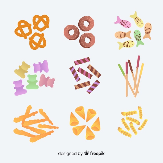 Vector gratuito colección colorida de snacks con diseño plano