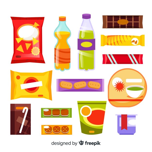 Colección colorida de snacks con diseño plano