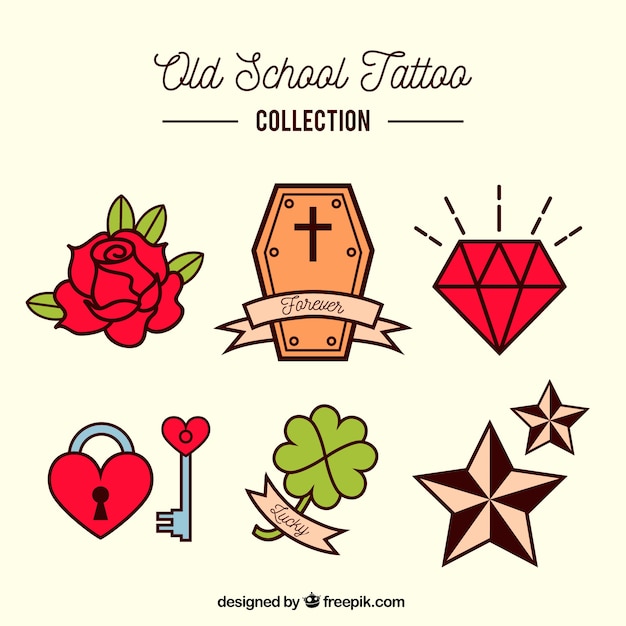 Vector gratuito colección colorida de tatuajes old school