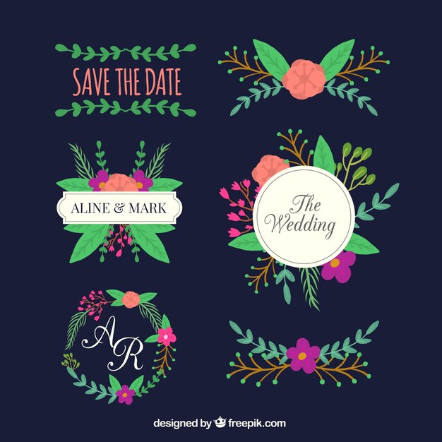 Colección de coloridos adornos de boda dibujados a mano