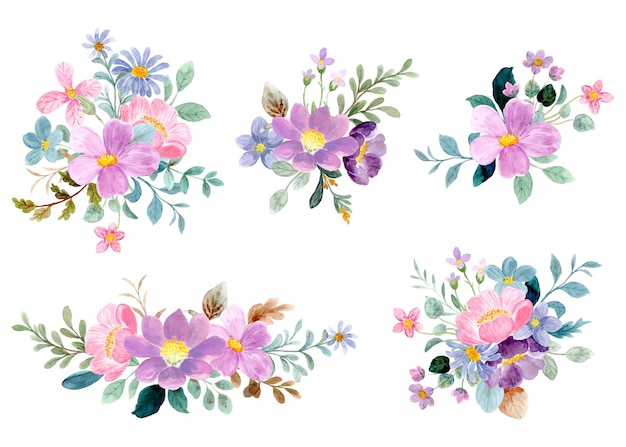 Colección de coloridos ramos florales con acuarela