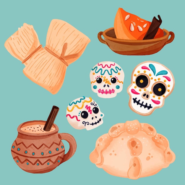 Vector gratuito colección de comida acuarela dia de muertos