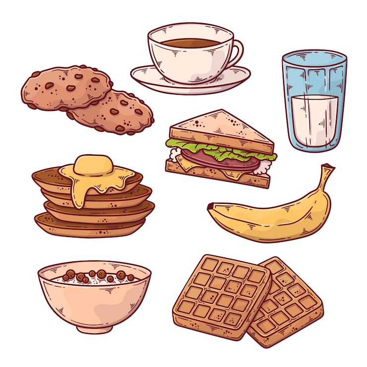 Vector gratuito colección de comida de desayuno dibujada a mano
