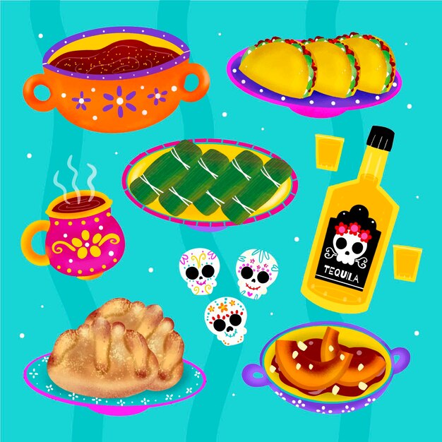 Colección comida dia de muertos dibujada a mano