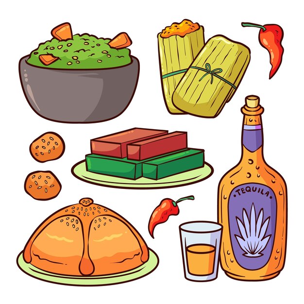 Colección comida dia de muertos dibujada a mano