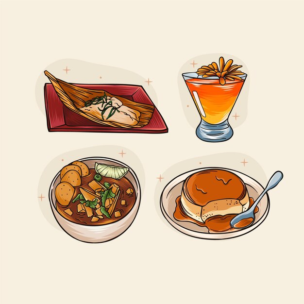 Colección comida dia de muertos dibujada a mano