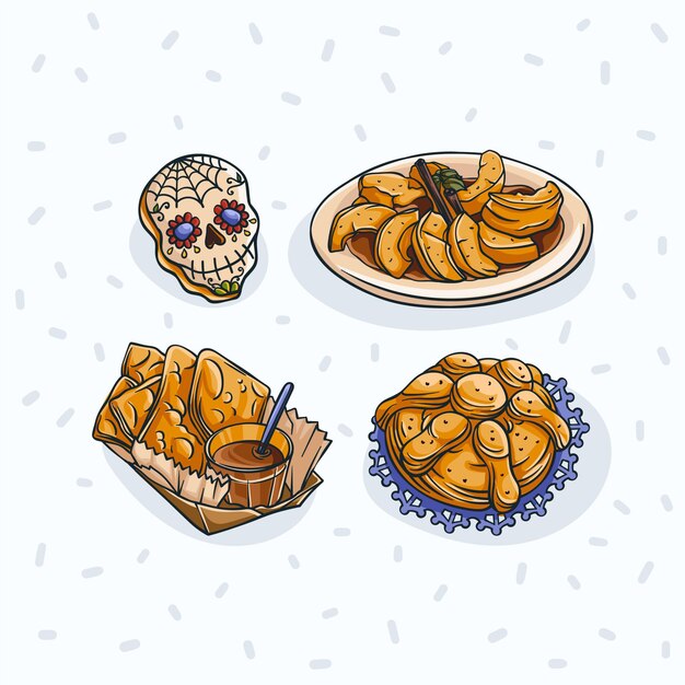 Colección comida dia de muertos dibujada a mano