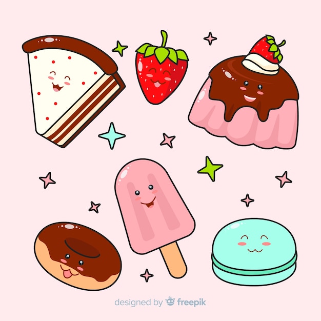 Vector gratuito colección de comida en estilo kawaii en diseño plano