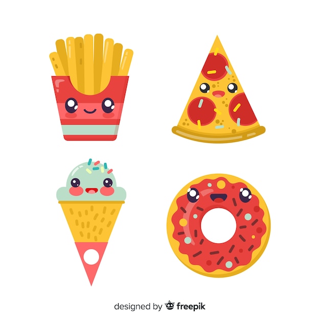 Colección de comida estilo kawaii en diseño plano