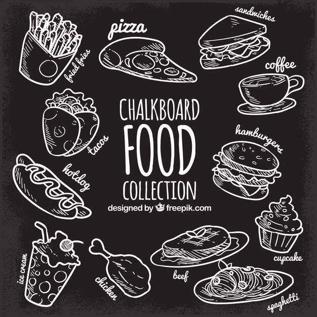Colección de comida en estilo pizarra