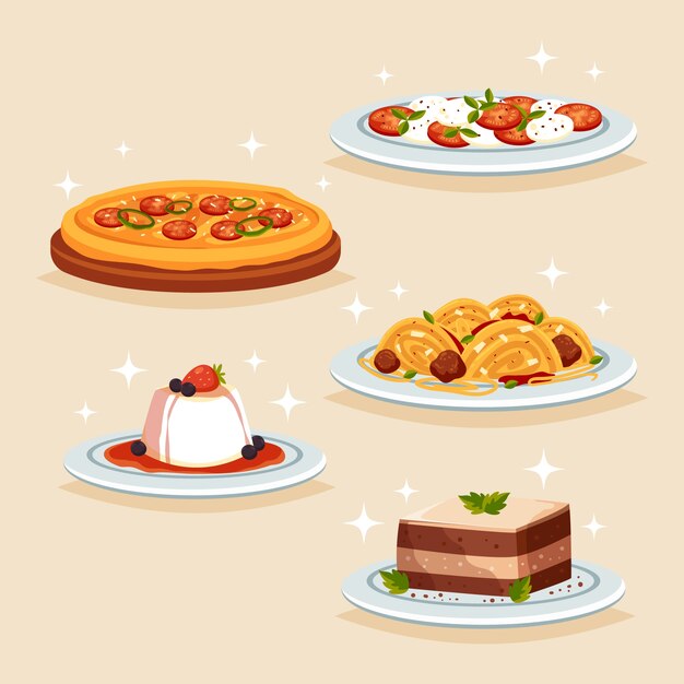 Colección de comida italiana sabrosa dibujada a mano