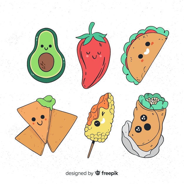 Vector gratuito colección comida kawaii dibujada a mano