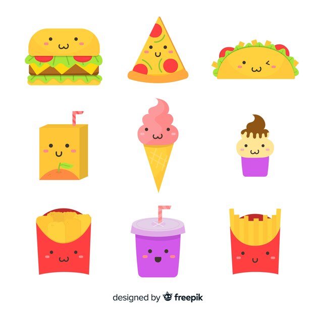 Colección comida kawaii plana