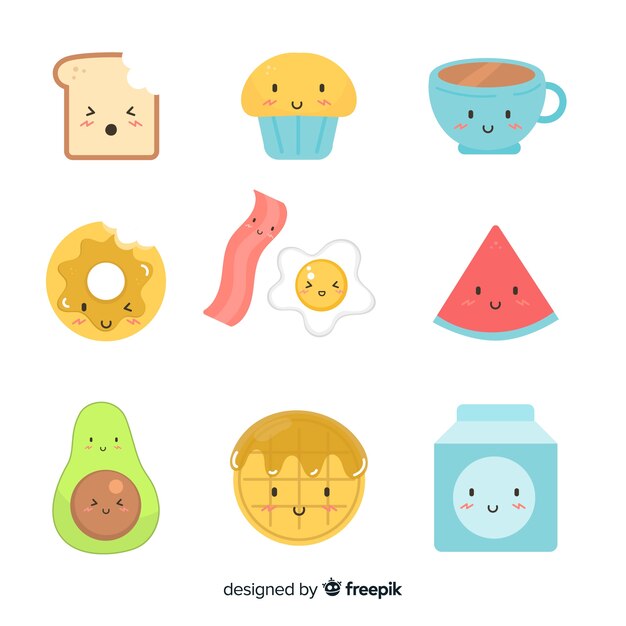 Colección comida kawaii plana