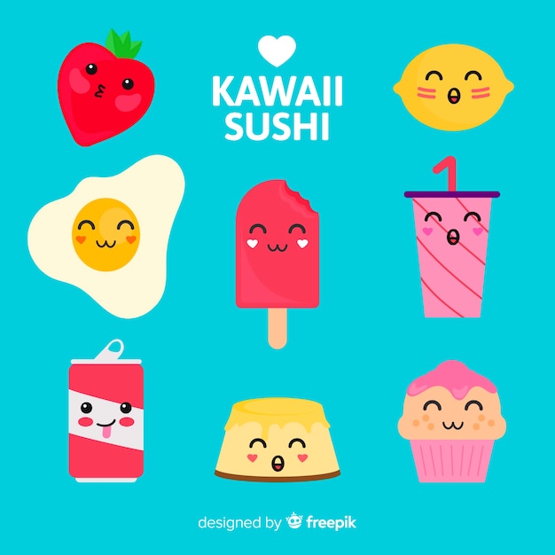 Colección comida kawaii plana