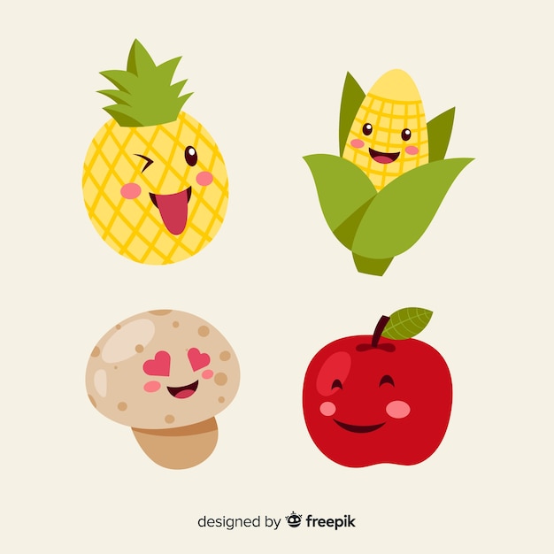 Vector gratuito colección comida kawaii sonriente dibujado a mano