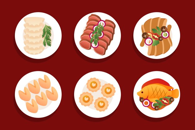 Colección de comida plana cena de reunión de año nuevo chino