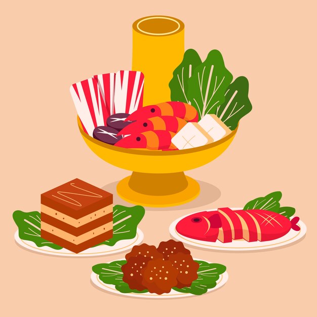 Colección de comida plana cena de reunión de año nuevo chino