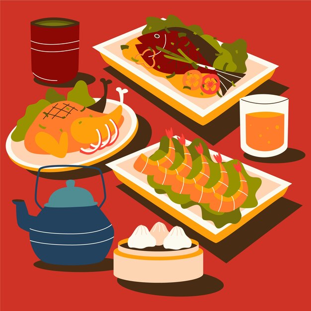 Colección de comida plana cena de reunión de año nuevo chino