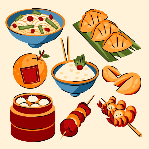 Colección de comida plana cena de reunión de año nuevo chino