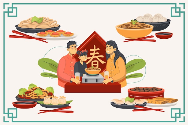 Colección de comida plana cena de reunión de año nuevo chino