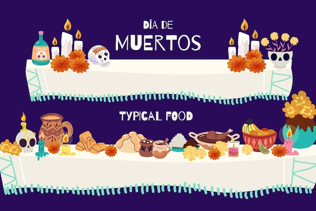 Vector gratuito colección comida plana dia de muertos dibujada a mano