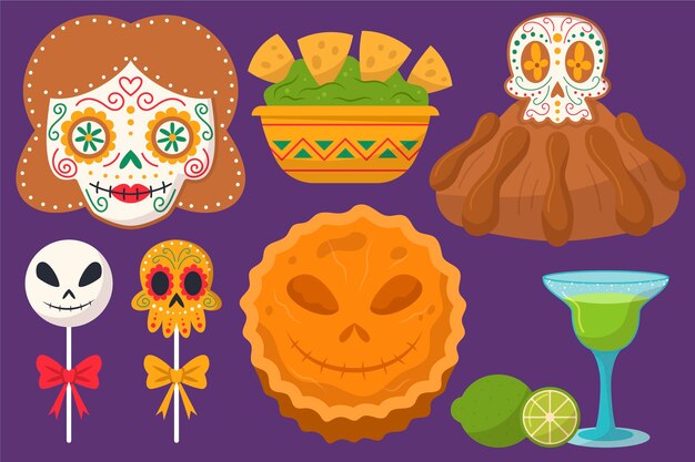 Colección comida plana dia de muertos dibujada a mano