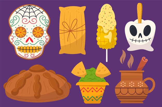 Colección comida plana dia de muertos dibujada a mano