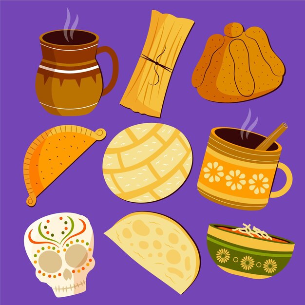Colección comida plana dia de muertos dibujada a mano