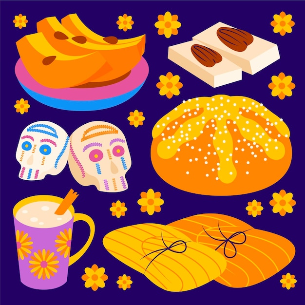 Vector gratuito colección comida plana dia de muertos dibujada a mano